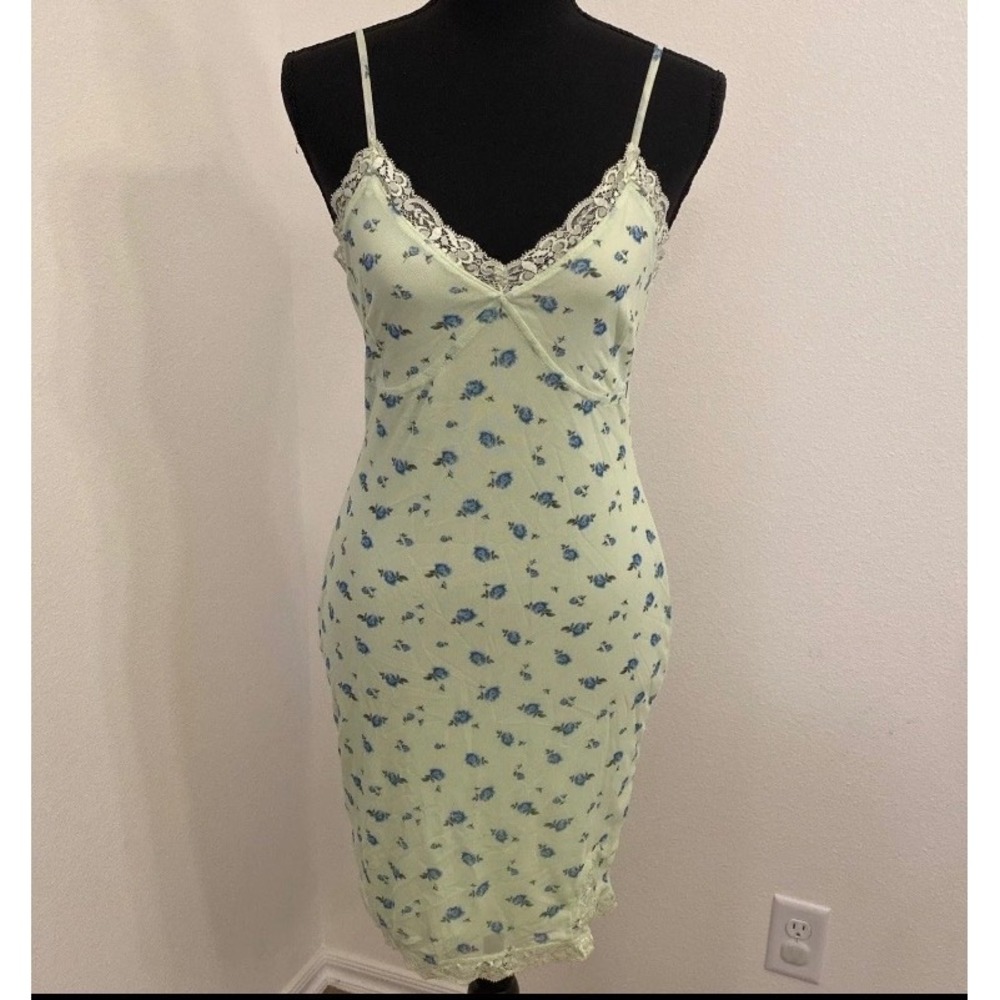 Wild Fable Slip Dress XS Light Green Blue Floral‎ Y2K Fairy Strappy Lace Mini